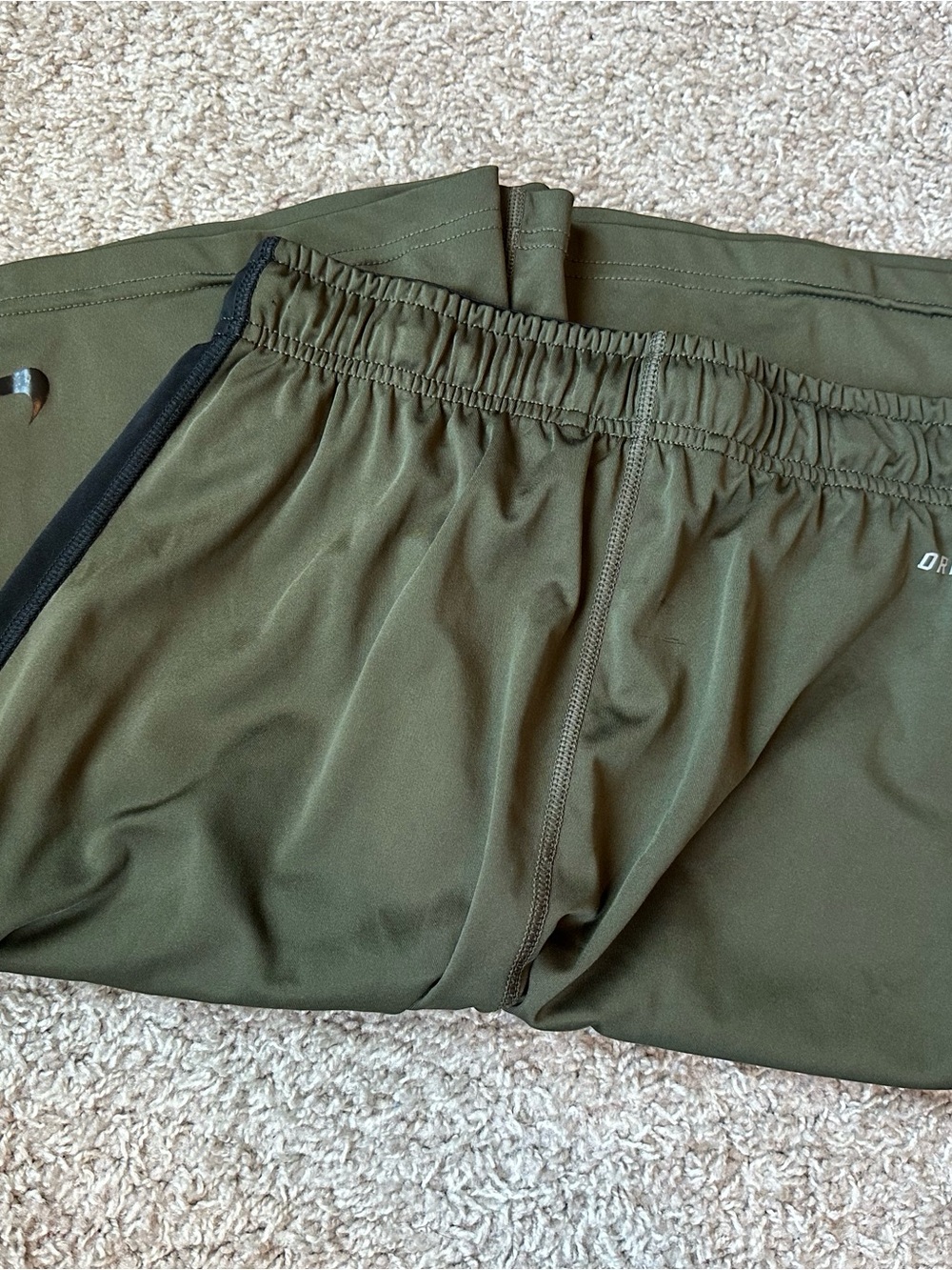 Nike Men’s Olive Green Athletic Shorts with Black Side Panels and Swoosh - Picture 4 of 4